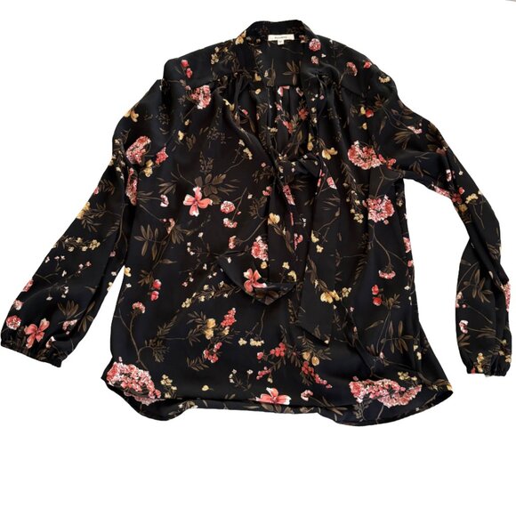 Pleione Black Floral Blouse Long Sleeve Tie Neck Top Size M - Picture 2 of 4